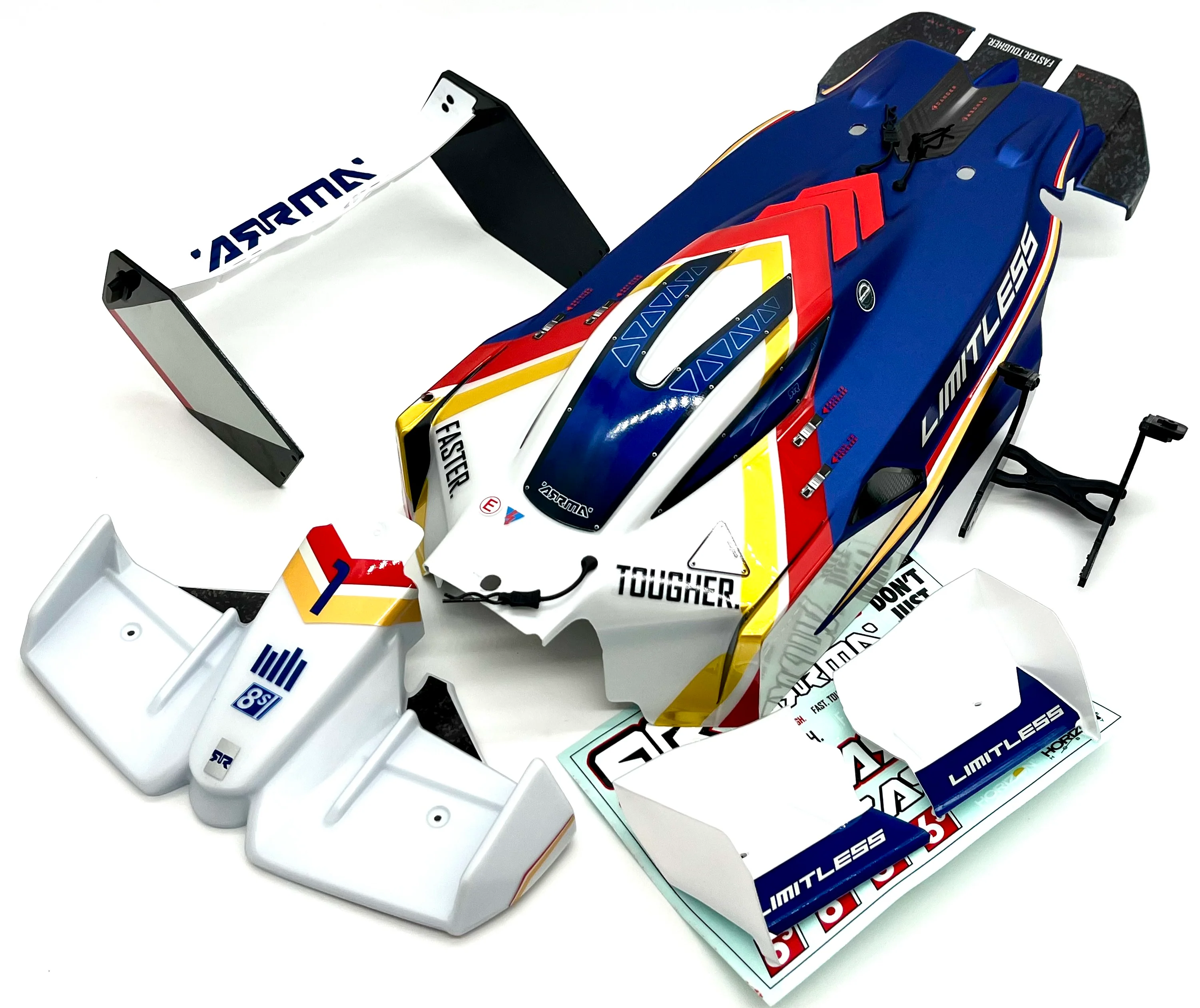 Arrma LIMITLESS 120 8s - BODY Shell, wing set mount (WHITE/BLUE ARA7816 - Image 2