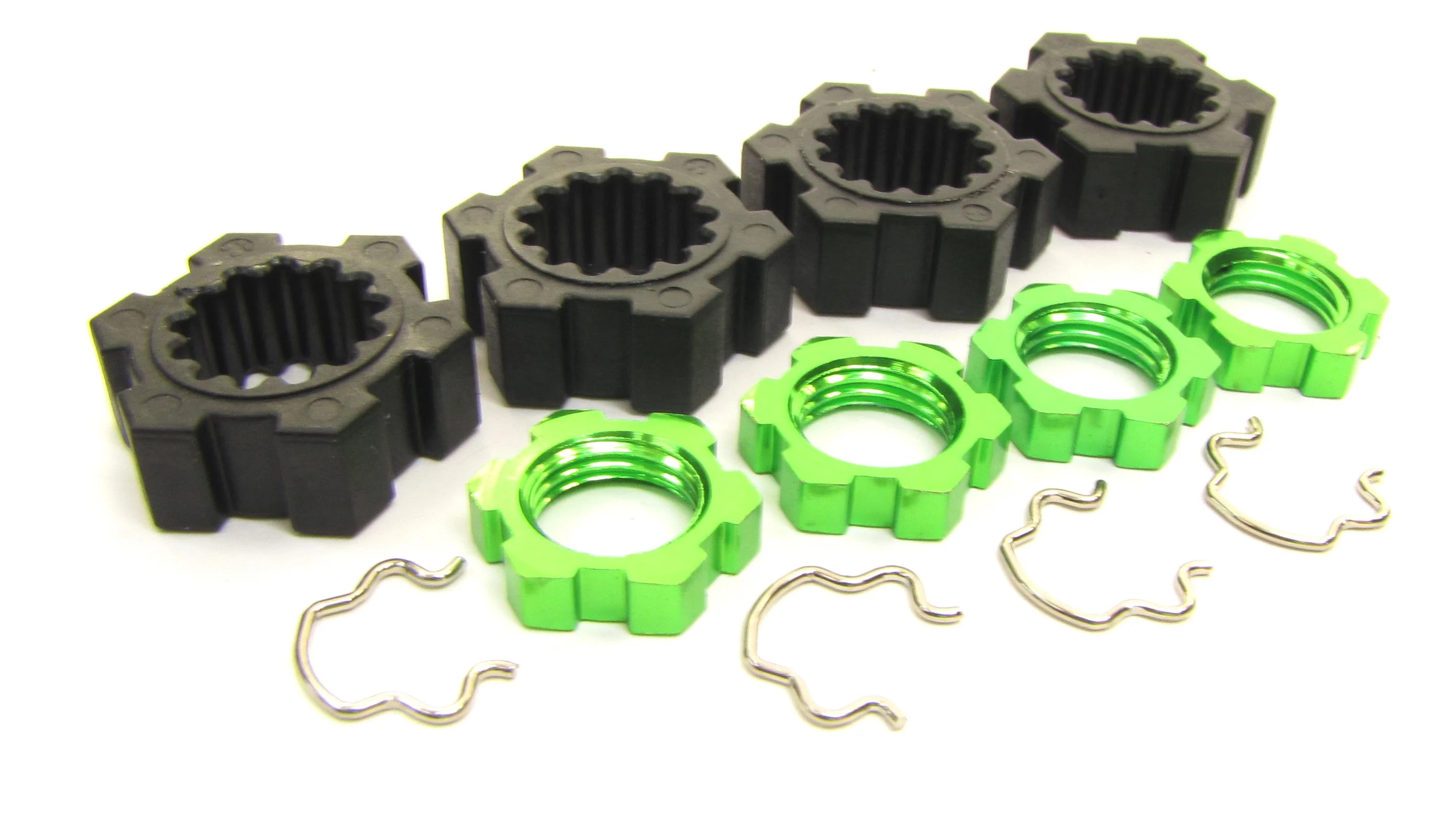 fits X-MAXX Wheel Hubs, 17mm GREEN Splined serrated Nuts & Hex Clips 77086-4 - Image 2