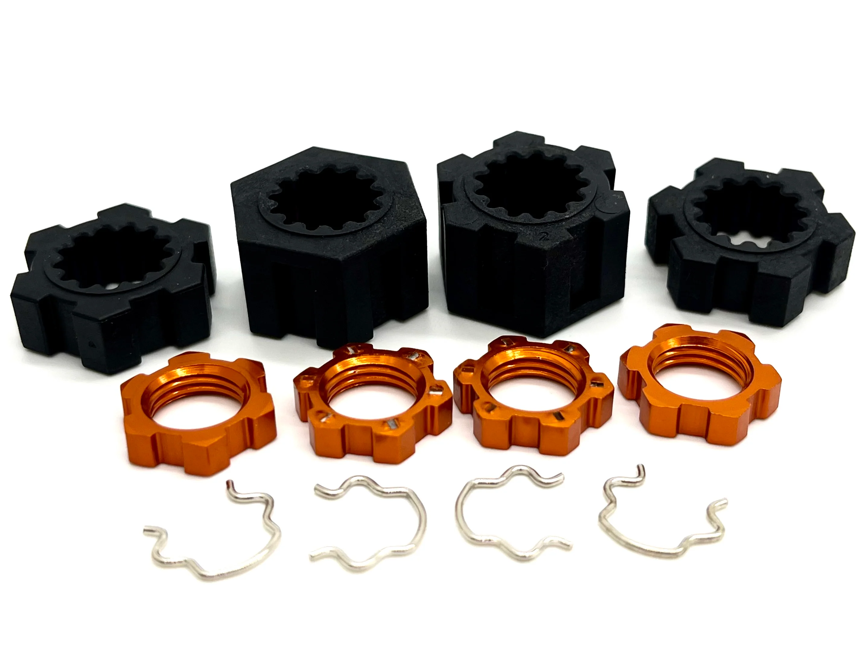 SAND CAR 17mm ORANGE wheel hex nuts, 23mm splined hubs, clips front/rear Traxxas 109076-4